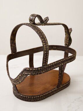 VTG Hammered Metal & Wood Wine Bottle Caddy Carrier Rustic French Country